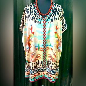 NWT Beige/Red Caftan w/ Western Scene & Leopard Print, Sizes S/M & L/XL